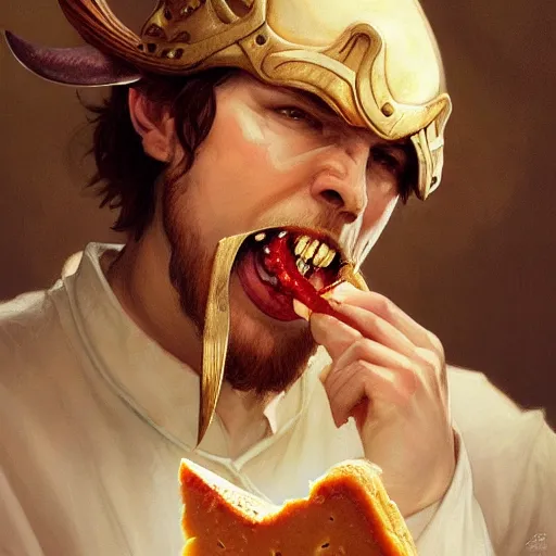 Prompt: a portrait of Viking devouring cheese, highly detailed, digital painting, artstation, concept art, sharp focus, illustration, art by artgerm and greg rutkowski and alphonse mucha