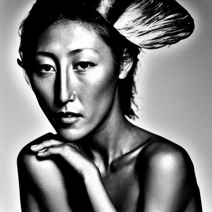 Prompt: photography face portrait on a tropical background of a beautiful woman like dichen lachman, black and white photography portrait, skin grain detail, high fashion, studio lighting film noir style photography, by richard avedon, and paolo roversi, nick knight, hellmut newton,