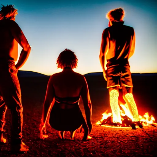 Image similar to photograph of three ravers photographed from behind, talking around a fire, photorealistic, dancefloor kismet, diverse costumes, clean composition, desert transition area, bonfire, night, australian desert, xf iq 4, symmetry, sony a 7 r, 1 5 0 mp, 5 0 mm