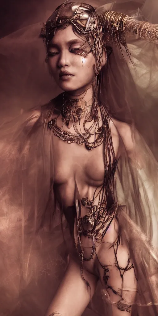 Prompt: hyperrealistic futuristic high fashion photography, girl in studio, by luis royo, asian, vogue magazine, nomad masterpiece, neon lights, smoke, covered in veils, beautiful intricate face and flawless skin, tribal jewelry, tattoos, by Edgar Maxence and Ross Tran and Michael Whelan, 8k, octane render