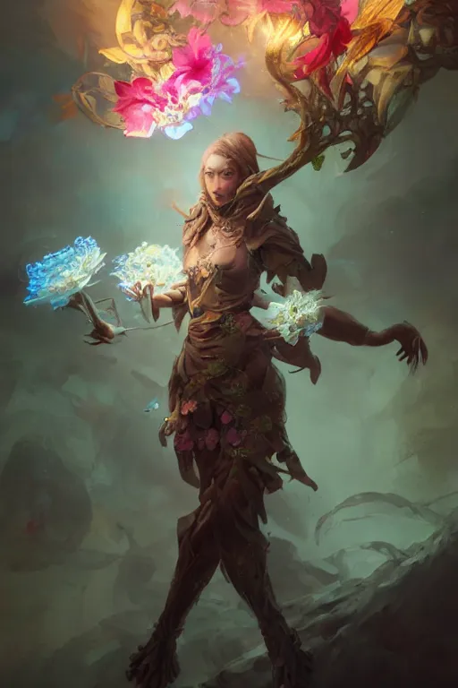 Image similar to beautiful girl necromancer covered with rainbow, 3 d render, hyper realistic detailed portrait, holding magic flowers, ruan jia, wlop. scifi, fantasy, hyper detailed, octane render, concept art, peter mohrbacher