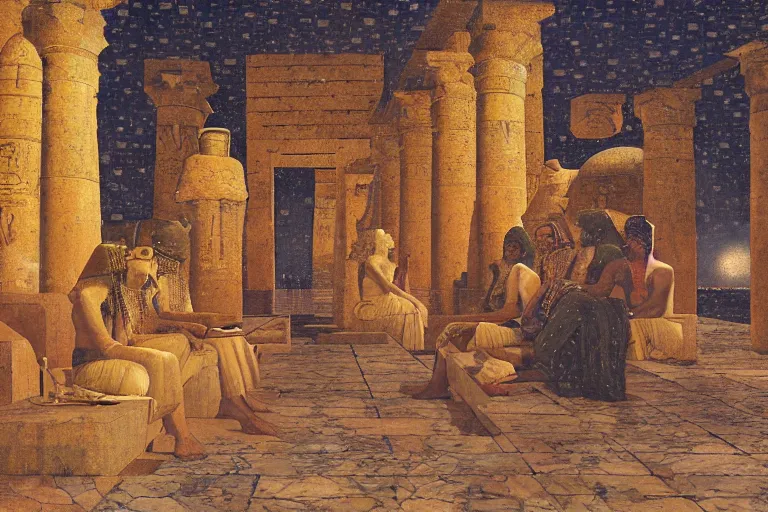 Image similar to painting of the ancient egypt at nigth, raining, full moon, romantic, by ludwig deutsch and maxfield parrish, patterned tilework, extremely detailed, cinematic lighting, smooth sharp focus