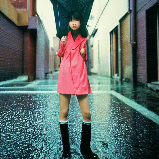 Image similar to 1990s perfect 8K HD professional cinematic photo of close-up japanese schoolgirl posing in sci-fi dystopian alleyway at morning during rain, at instagram, Behance, Adobe Lightroom, with instagram filters, depth of field, taken with polaroid kodak portra