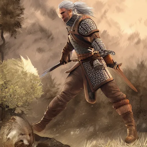 Image similar to geralt of rivia vs a giant racoon, digital art