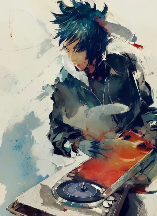 Image similar to semi reallistic gouache gesture painting, by yoshitaka amano, by ruan jia, by Conrad roset, by dofus online artists, detailed anime render of a boy playing vinyl, portrait, cgsociety, artstation, rococo mechanical, Digital reality, sf5 ink style, dieselpunk atmosphere, gesture drawn