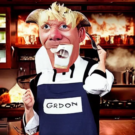 Image similar to a ram dressed up as gordon ramsay, realistic.