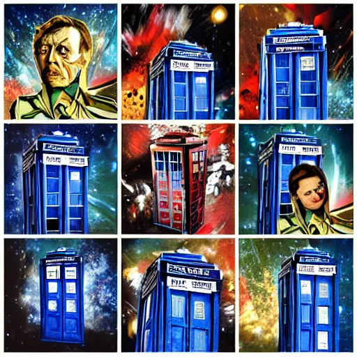 Prompt: collage of the TARDIS from Doctor Who by Sandra Chevrier