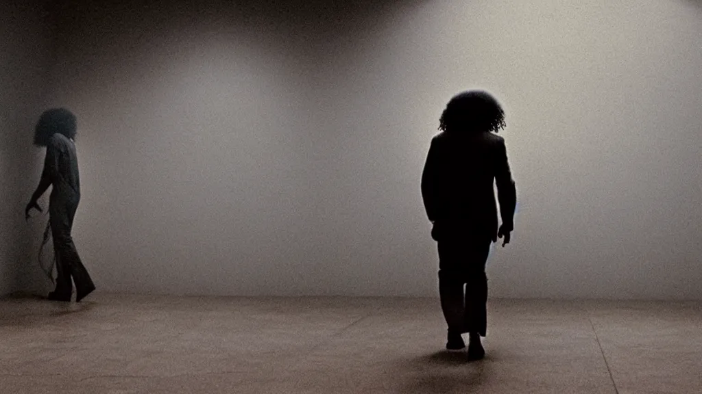 Image similar to photo from distance of a black man with long curly hair, carrying a electric guitar, walking out of from the past door, film still from the movie directed by Denis Villeneuve with art direction by Zdzisław Beksiński, wide lens