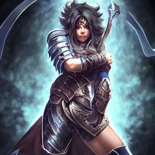 Image similar to a beautiful woman warrior long hair. wearing black leather armor. holding a spoon. league of legend concept art champion. dogital art. award winning high definition