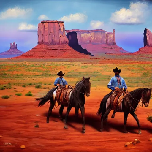 Image similar to the wild west, cowboys riding horses, monument valley, blue sky, american romanticism, masterpiece, oil painting, 4 k render