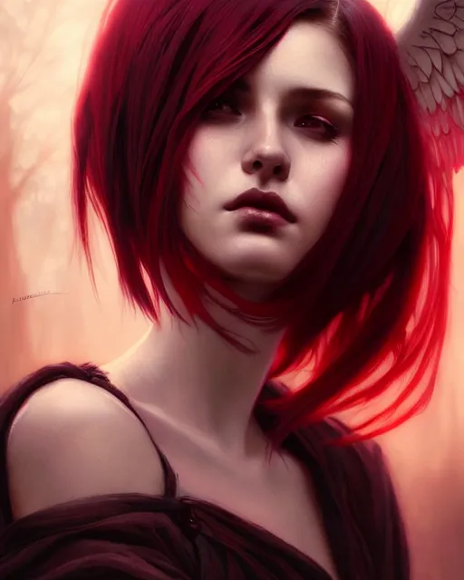 Prompt: cinematic side portrait sexy female angel, fantasy forest landscape, fantasy magic, undercut hairstyle, short red black fade hair, dark light night, intricate, elegant, sharp focus, illustration, highly detailed, digital painting, concept art, matte, art by WLOP and Artgerm and Greg Rutkowski and Alphonse Mucha, masterpiece