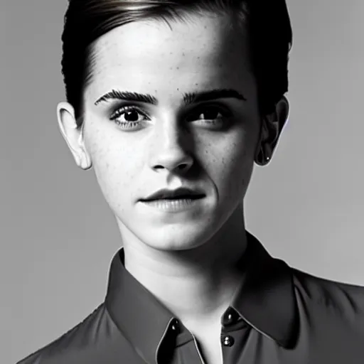 Image similar to A photograph of Emma Watson as a man. Gender switched. Studio lighting