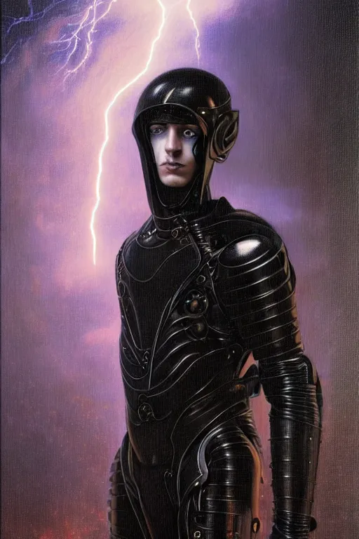 Image similar to portrait of beautiful gothic and futuristic young man with a lot of scars, more thunderstorm, dressed in cyber armor, a lot of scars, firestorm hair, the middle ages, highly detailed, artstation, illustration, art by jean delville and leon gerome and vincent disederio, 8 k quality