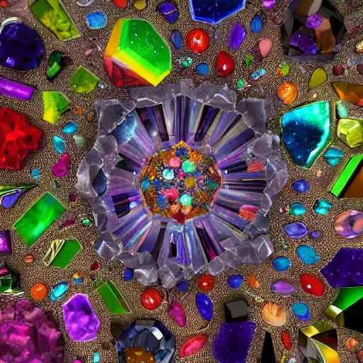 Image similar to midjourney art of a cluster of colorful gems and crystals on a black background, inside of a geode crystal cave by damien hirst and maria fortuny, featured on zbrush central, crystal cubism, made of crystals, iridescent, tesseract