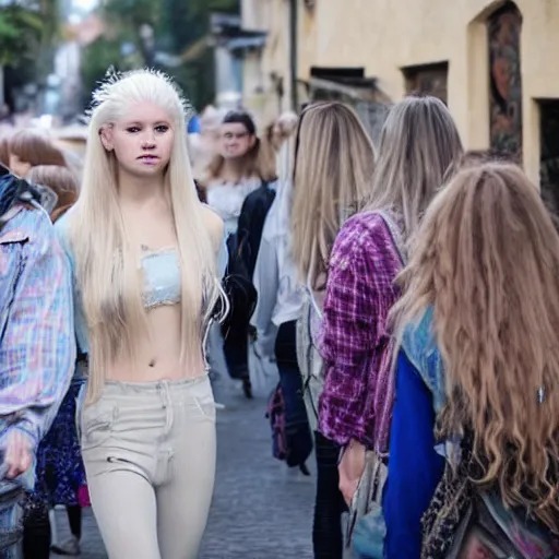 Prompt: aristocratic platinum - blonde - haired hime - cut long hair blue - eyed 1 9 - year - old princess wearing dirty clothes, walking through crowds in czech town