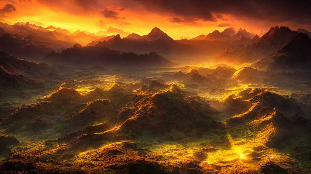 Image similar to amazing landscape photo of an isekai world in sunset by marc adamus, beautiful dramatic lighting