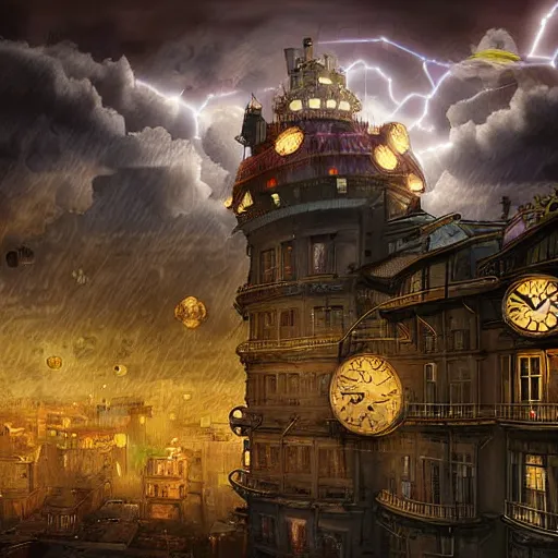 Image similar to A flying steampunk city in the stormy clouds at night, high quality digital art