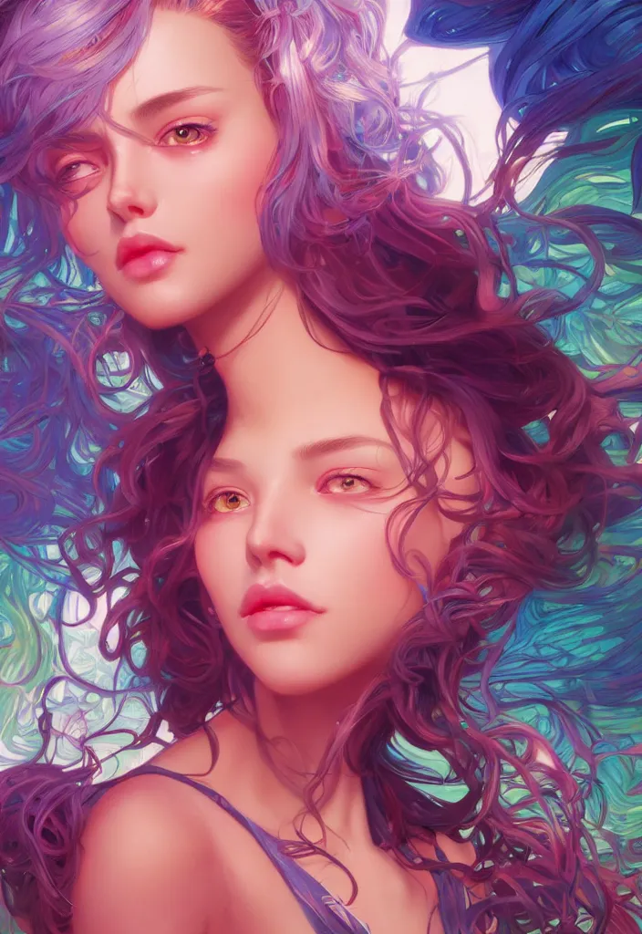 Image similar to beautiful, young woman, detailed gorgeous face, vaporwave aesthetic, synthwave, colorful, psychedelic, artstation, concept art, smooth, extremely sharp detail, finely tuned detail, ultra high definition, 8 k, unreal engine 5, ultra sharp focus, illustration, art by artgerm, greg rutkowski and alphonse mucha