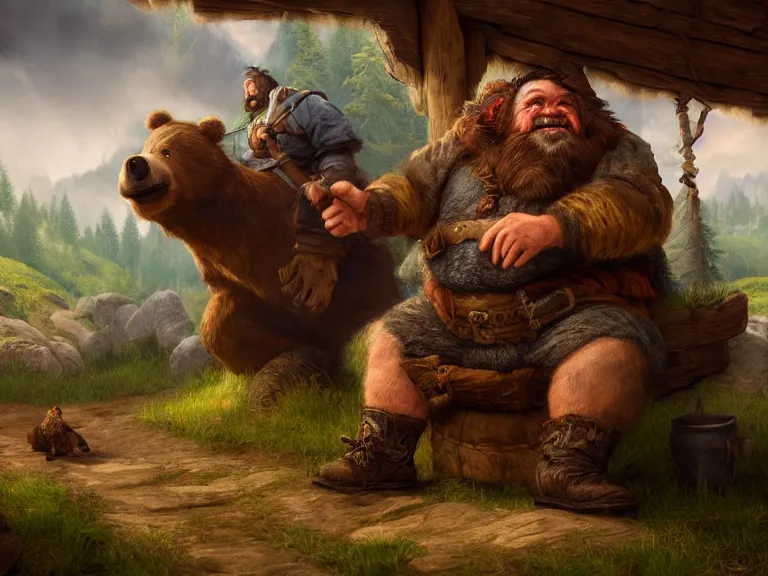 Image similar to Drunk Dwarf Woodsman riding Bear Companion into a Tavern, RPG Portrait Full Body, Oil Painting, Trending on Artstation, octane render, Insanely Detailed, 8k, HD