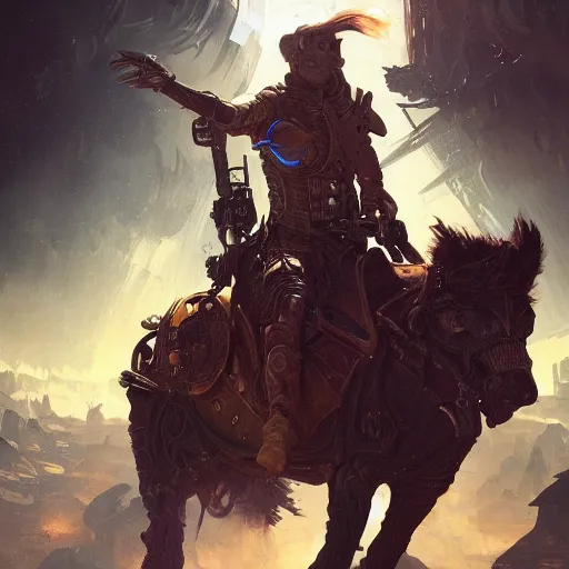 Prompt: scifi dynamic character portrait Painting of a futuristic pirate riding a horse, dystopian mood, intricate, wild, highly detailed, digital painting, artstation, concept art, smooth, sharp focus, illustration, art by artgerm and greg rutkowski and alphonse mucha and roger deakins