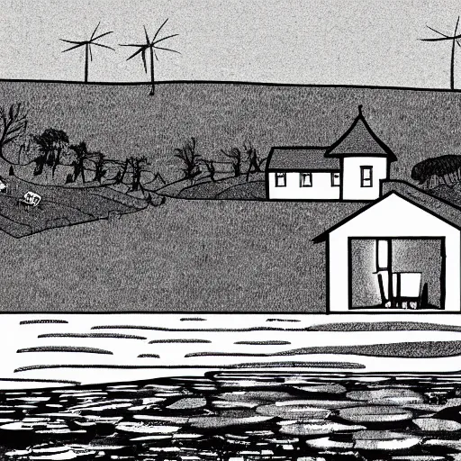 Image similar to black and white comic of a farmhouse beside a lagoon