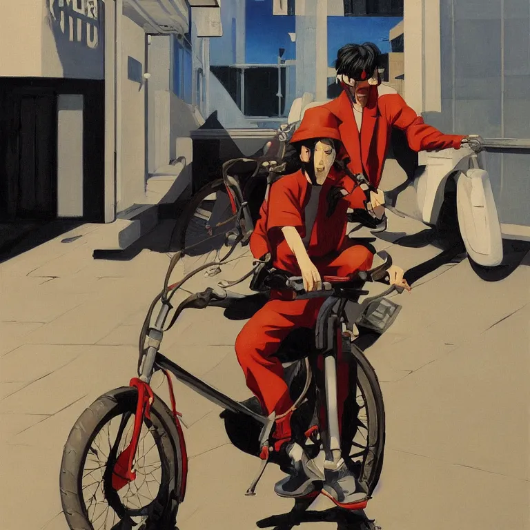 Image similar to Tatsuo on a bike from Akira by Edward Hopper, painted by James Gilleard, airbrush