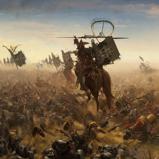 Prompt: an extremely detailed matte painting the winged hussars charging ottoman artillery, chaotic gun fire, heroic charge, last stand, 8 k, sharp focus, ultrawide lens, aerial photography, art by greg rutkowski and alphonse mucha