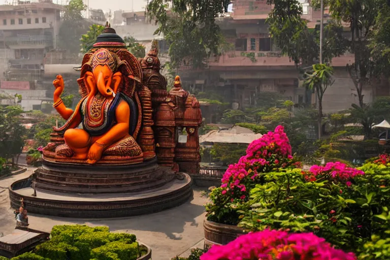 Image similar to beautiful futuristic new delhi, sharp sci - fi ganesha!! building, kalighat flowers, highly detailed cinematic, stephen shore & john j. park, soft morning light, wide shot, high angle, uhd 8 k, shallow depth of field