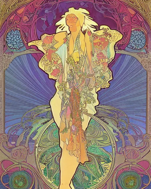 Image similar to psychedelic exotic flowers on a mysterious fantasy planet by Alphonse Mucha, Moebius, hiroshi yoshida, Art Nouveau, colorful, ultradetailed, vivid colour, 3d