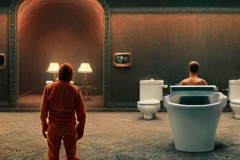 Image similar to hyperrealism aesthetic ridley scott and denis villeneuve style photography of a detailed giant, siting on a detailed ultra huge toilet and scrolling his smartphone in surreal scene from detailed art house movie in style of alejandro jodorowsky and wes anderson