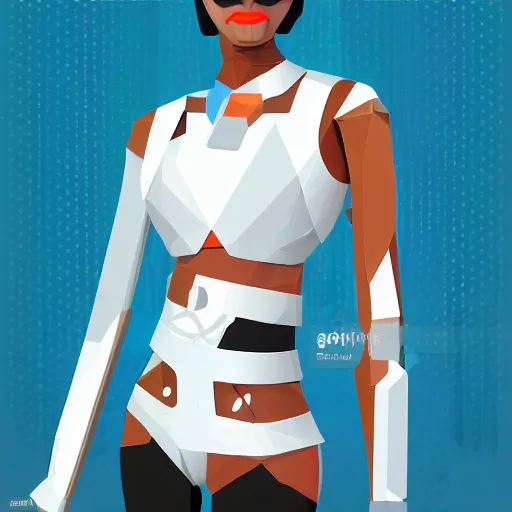 Image similar to vector art of a futuristic corpoate cyborg woman from india smirking, low poly, vector art