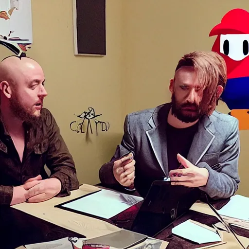 Image similar to geordie greep from the band black midi having a business meeting with mario, hyperrealistic