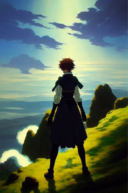 Image similar to anime key visual of wanderer above the sea of fog 1 8 1 8 but figure is anime maid in armor set in grimdark fantasy, in the style of jamie wyeth james gilleard edward hopper greg rutkowski acrylic painting, oil on canvas, preserved museum piece, historical