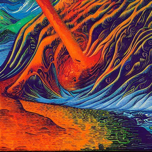 Prompt: vulcano, lava, ocean, surreal by dan mumford and umberto boccioni, oil on canvas