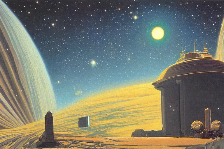 Prompt: beautiful painting of rosalina's comet observatory, soft light, digital painting by ralph mcquarrie and walter crane