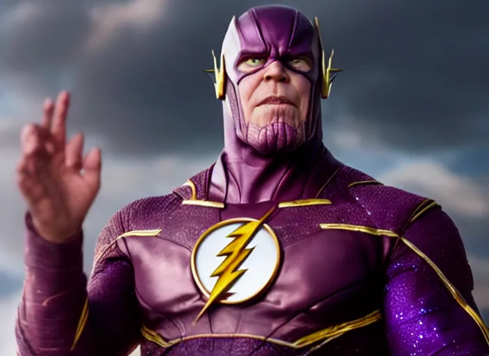 Image similar to film still of thanos as the flash in the new flash movie, 4 k, highly detailed face, detailed eyes