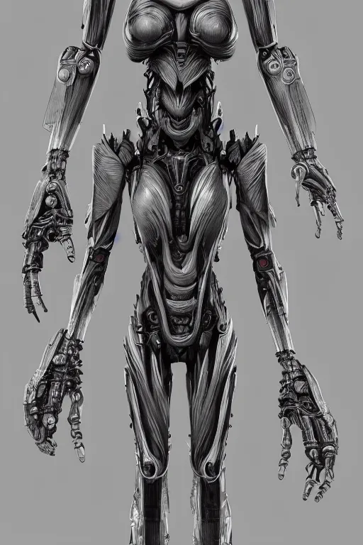 Prompt: andriod orisha god with gunmetal grey skin, medical anatomy, very symmetrical face, highly detailed, japanese mecha, three - perspective / three - view reference sheet ( front / back / side ), in the style of dan ouellette, dren from splice, hr giger, sil from species, artstation, unreal engine
