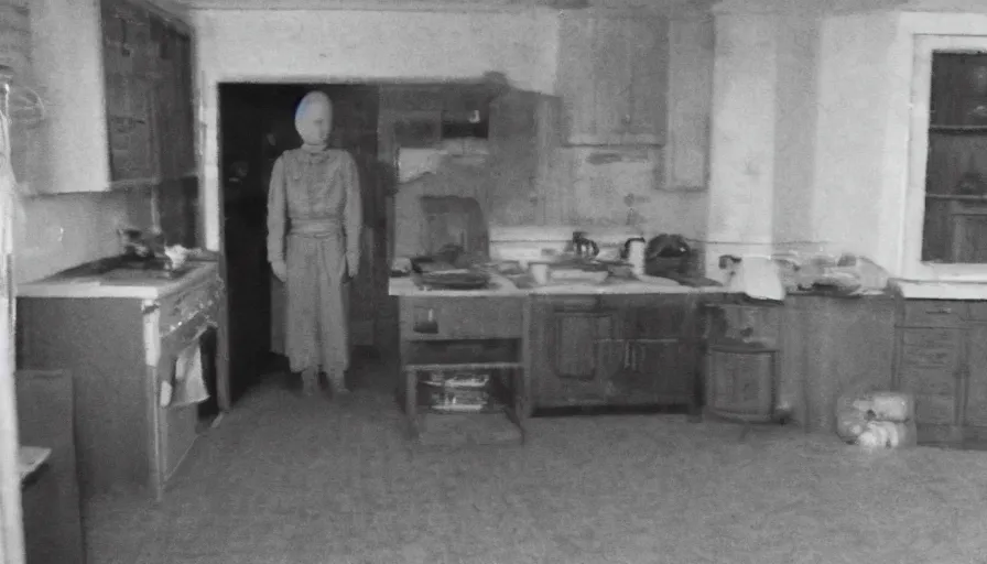 Image similar to a wax puppet in a stalinist style kitchen, mini dv camera found footage, very very low quality picture, heavy grain, caught on security camera, heavy jpeg artifact, night vision very blurry, caught on trail cam, 1 4 4 p, ultra wide lens