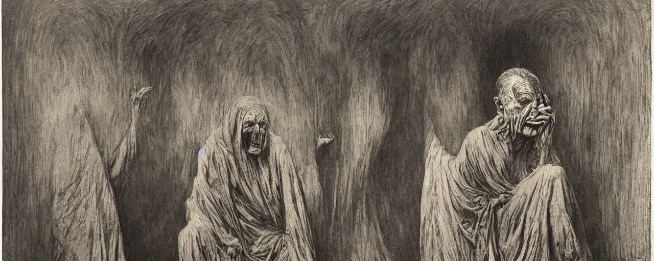 Prompt: vintage color footage exaggerated somber exorcism scared priest wide open mouth in terror crying figures inside mental hospital portrait by zdzisław beksinski and gustave dore and alphonse mucha, artstationhq iamag