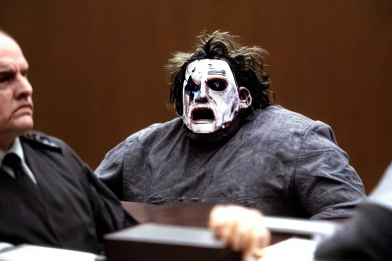 Image similar to leatherface in court testifying against robocop, detailed facial expressions