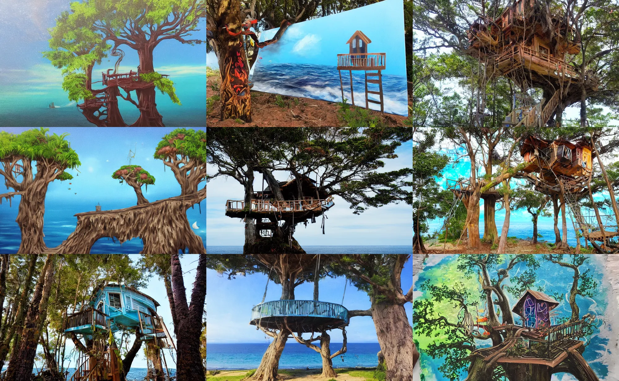 Prompt: spray painting of a mystical island treehouse on the ocean