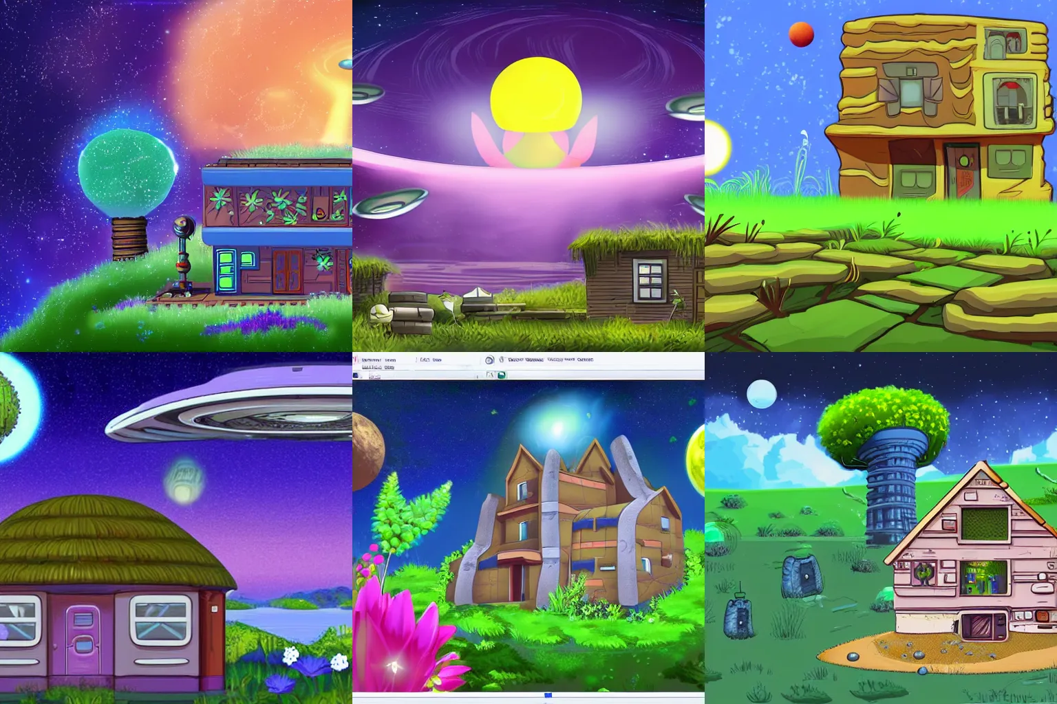 Prompt: a house on a strange alien planet with native flowers in front of it, from a space themed Serria point and click 2D graphic adventure game, high quality cartoon style graphics