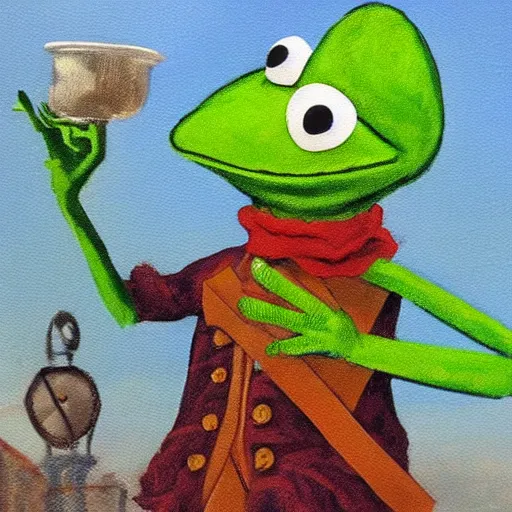 Prompt: Painting of Kermit the Frog from Sesame Street fighting in the Revolutionary War. Painting is in the style of Don Troiani.