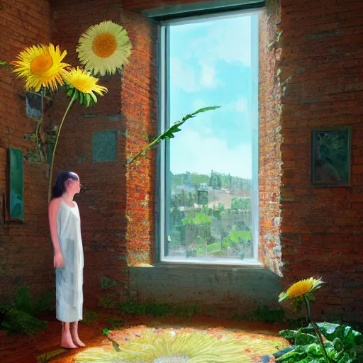 Image similar to giant daisy flower head, woman standing next to modern window in luxury loft, surreal photography, sunlight, impressionist painting, digital painting, artstation, simon stalenhag