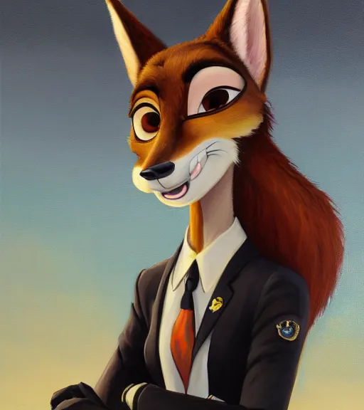 Image similar to oil painting of anthromorphic female wolf, in style of zootopia, zootopia, zootopia, fursona, furry, furaffinity, 4 k, deviantart, furry art, fursona art, wearing black business suit, business suit, in style of zootopia, wolf fursona, cyberpunk, female, expressive detailed feminine face,