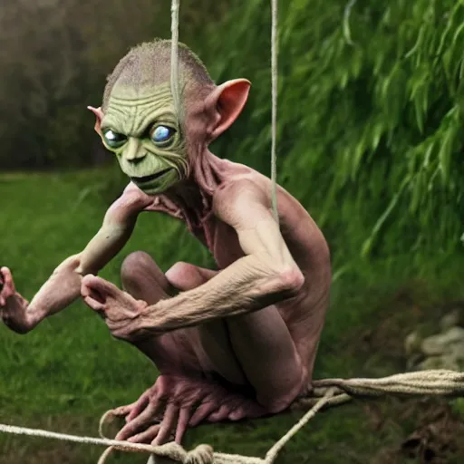 Image similar to Gollum sat on the twine, stretching