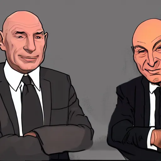 Image similar to jean luc picard and q hosting a podcast, intricate, highly detailed, digital painting