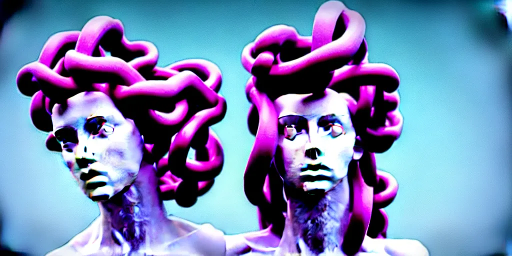 Image similar to modern sculpture, young woman as medusa, multiple poses, androgynous, vaporwave, vhs still