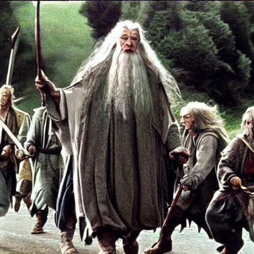 Image similar to Gandalf driving the hobbits to mordor in a station wagon