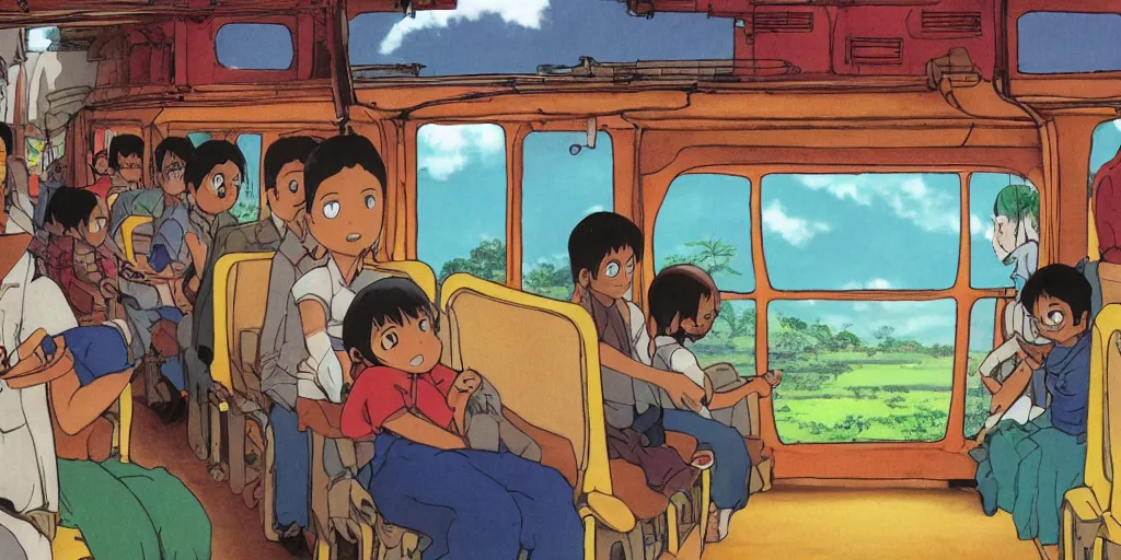 Image similar to inside sri lankan bus, drawn by hayao miyazaki, rule of thirds composition